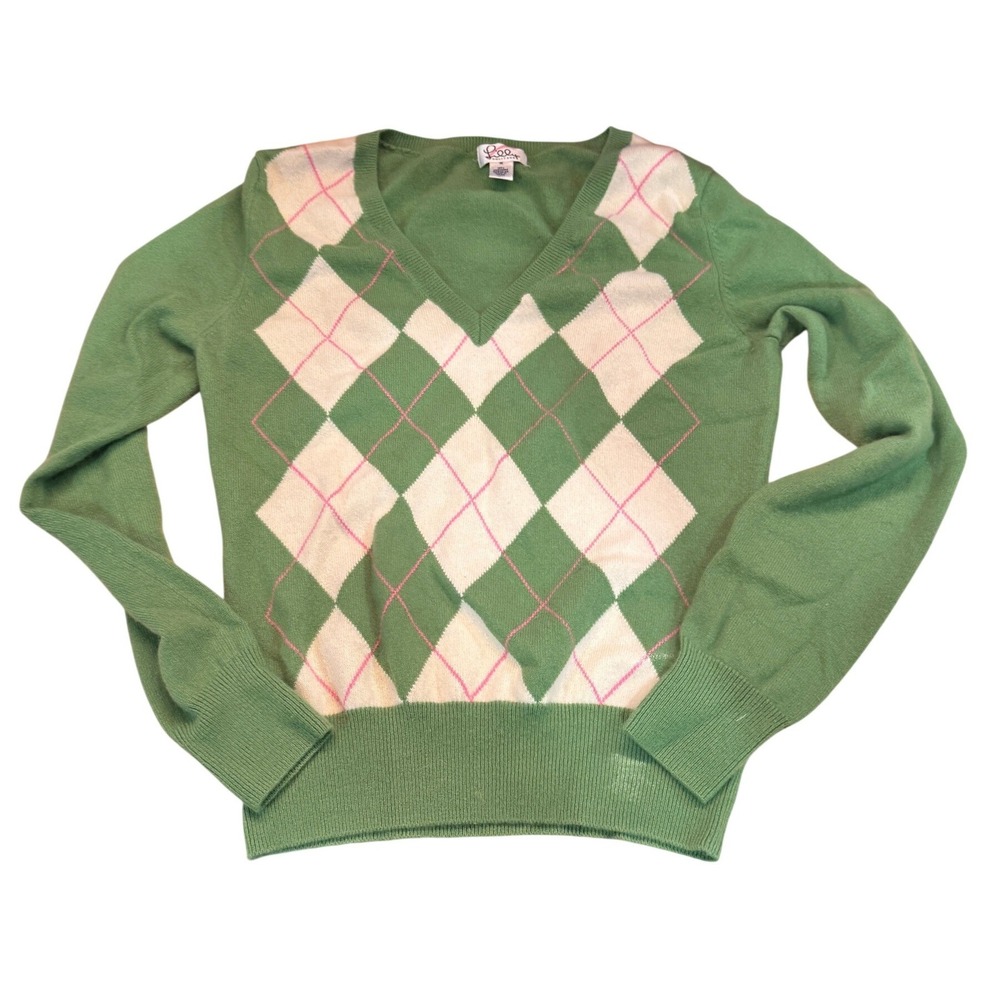 Lilly Pulitzer Womens Medium Argyle V Neck Sweater 100%‎ Cashmere